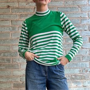 Vintage 70s Top Green Stripe Long Sleeve Tee Stretch Poly Mock Neck Shirt